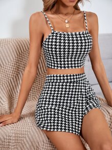 SHEIN Essnce 千鳥格圖案短版吊帶上衣帶褲裙 - 黑與白 - 查看 4