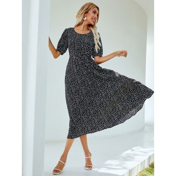 

Ditsy Floral Puff Sleeve Dress, Black