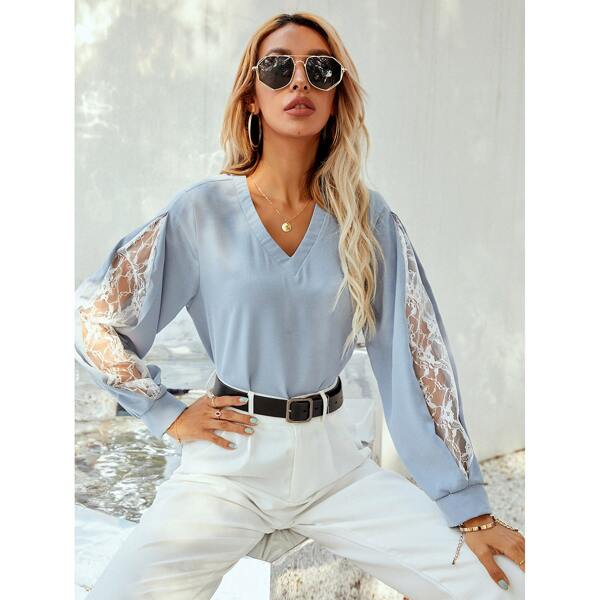 

Contrast Lace V-neck Blouse, Baby blue