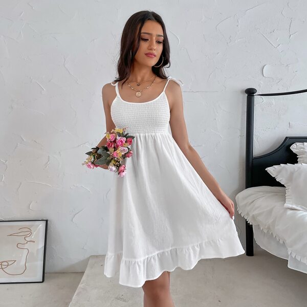 

Solid Shirred Knot Shoulder Cami Dress, White