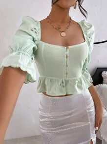 SHEIN Unity Blusa Con Ribete De Volantes Y Botones - verde menta - Ver 1