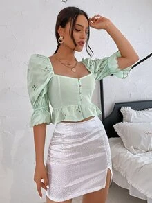 SHEIN Unity Blusa Con Ribete De Volantes Y Botones - verde menta - Ver 3