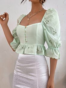 SHEIN Unity Blusa Con Ribete De Volantes Y Botones - verde menta - Ver 5