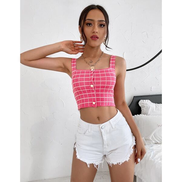 

Plaid Crop Knit Top, Pink