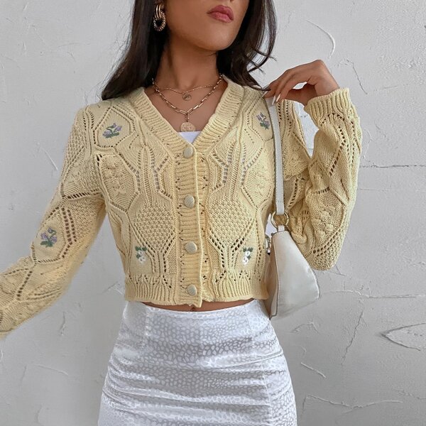 

Floral Embroidery Button Front Crop Cardigan, Yellow
