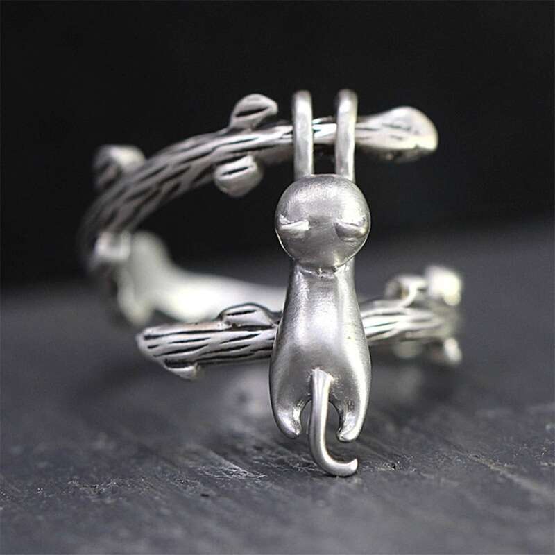 

Cartoon Cat Decor Ring, Antique silver