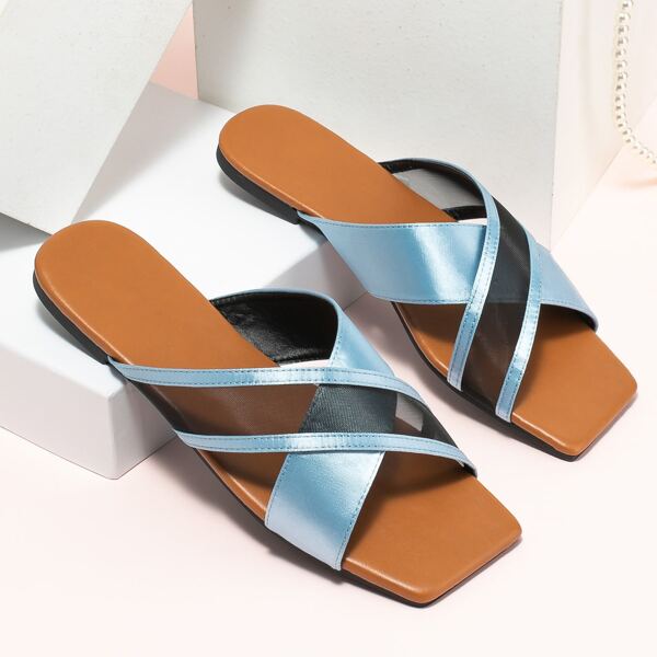 

Mesh Panel Cross Strap Slide Sandals, Blue