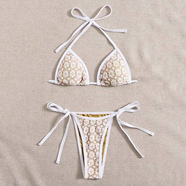 

Lace Overlay Halter Bikini Swimsuit, White