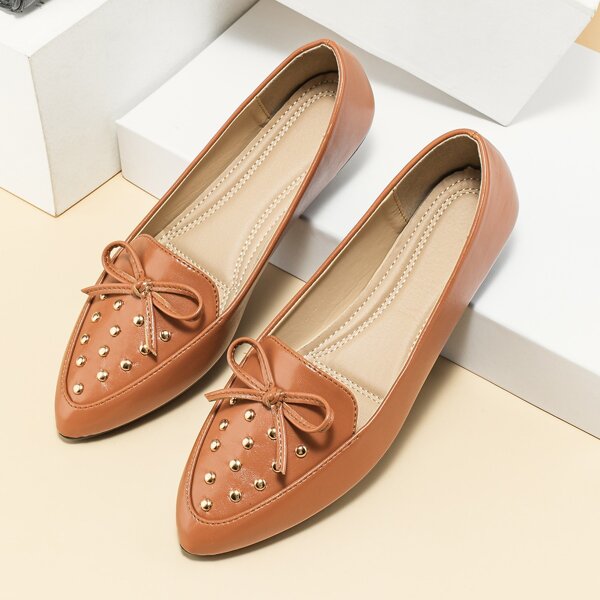 

Bow & Studded Decor Loafers, Brown