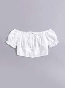 休閒鈕扣 打結純色女士上衣 - 白色 - 查看 1