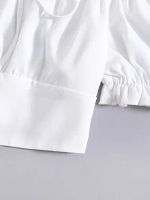 休閒鈕扣 打結純色女士上衣 - 白色 - 查看 4