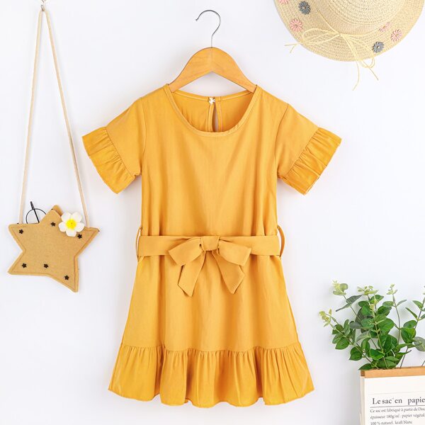 

Toddler Girls Flounce Sleeve Belted Babydoll Dress, Yellow
