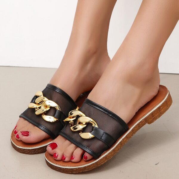 

Chain Decor Sheer Mesh Slide Sandals, Black