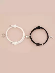 2pcs Heart Charm Bracelet - Black and White - View 1