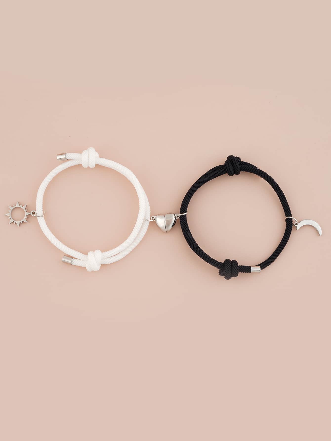 2pcs Heart Charm Bracelet - Black and White - View 1