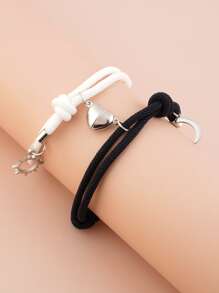 2pcs Heart Charm Bracelet - Black and White - View 2
