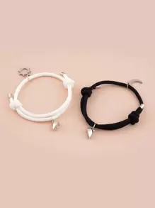 2pcs Heart Charm Bracelet - Black and White - View 3