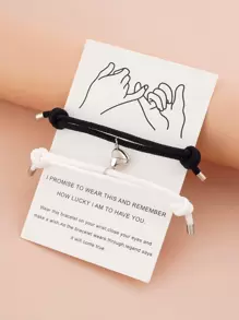 2pcs Heart Charm Bracelet - Black and White - View 4