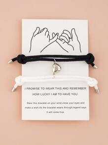 2pcs Heart Charm Bracelet - Black and White - View 5