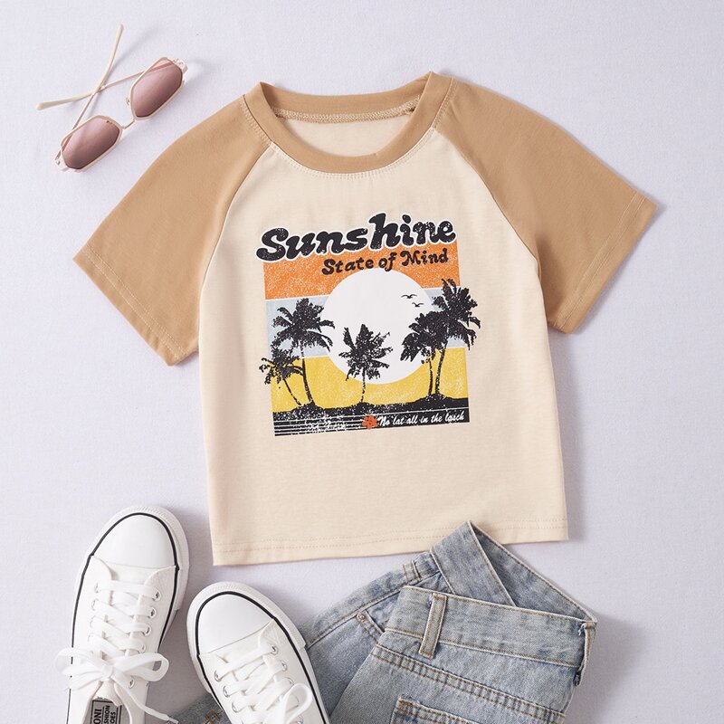 

Letter Tropical Graphic Colorblock Tee, Multicolor