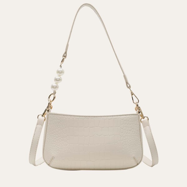 

Faux Pearl Decor Croc Embossed Shoulder Bag, Beige