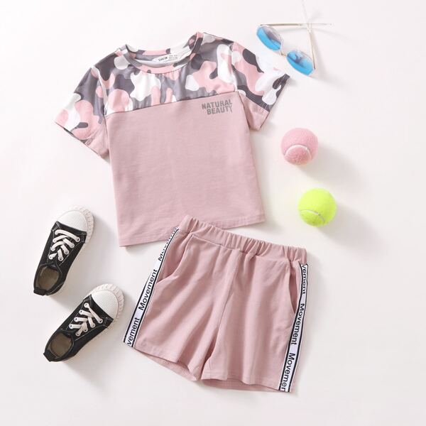

Футболка с камуфляжным принтом и шорты с текстовым принтом для девочек, Пыльный розовый