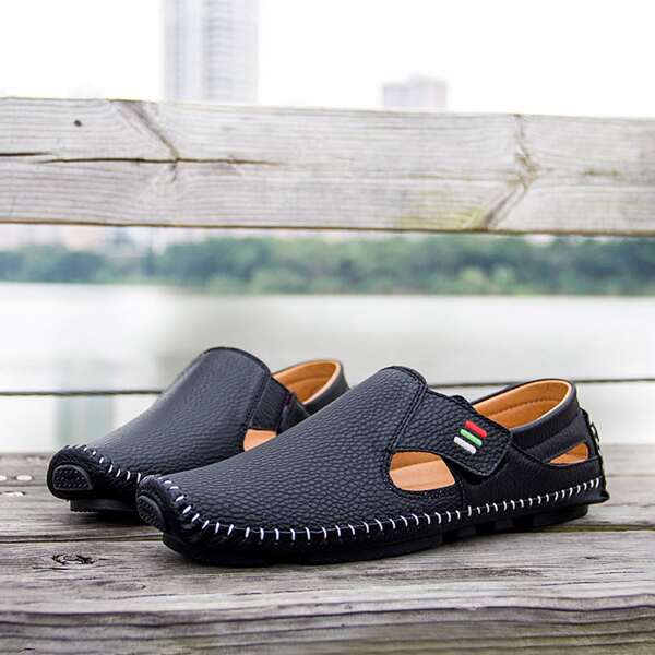 

Men Cut Out Velcro Strap Loafers, Black