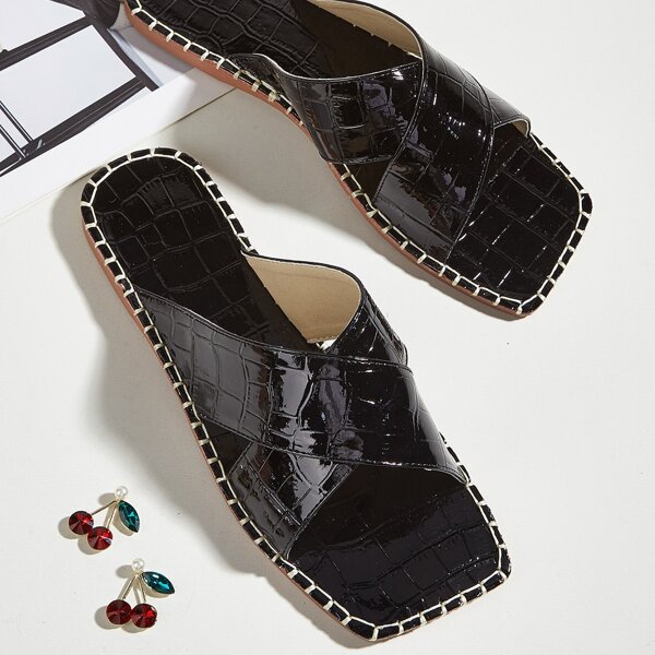 

Croc Embossed Cross Strap Slide Sandals, Black