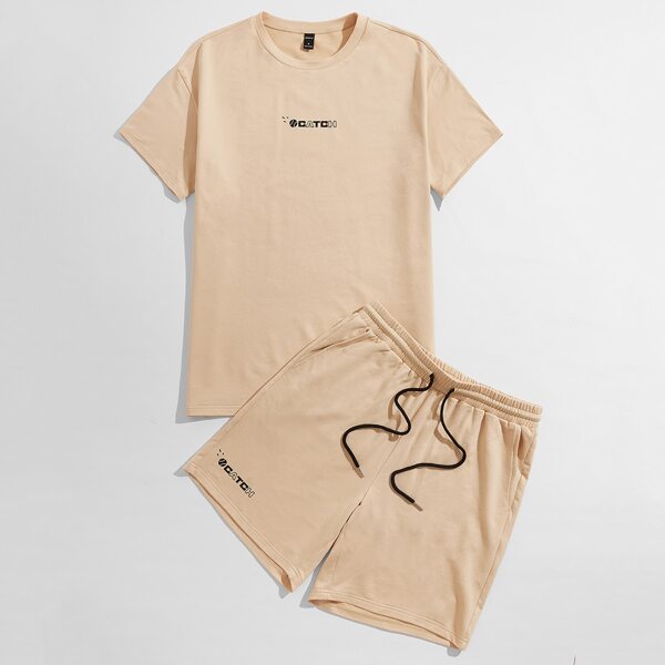 

Men Letter Graphic Drop Shoulder Top & Shorts Set, Apricot