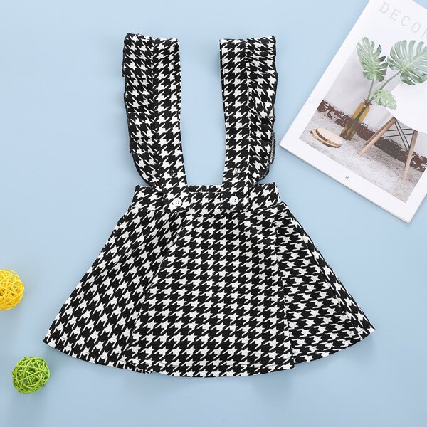 

Toddler Girls Houndstooth Ruffle Suspender Dress, Black and white