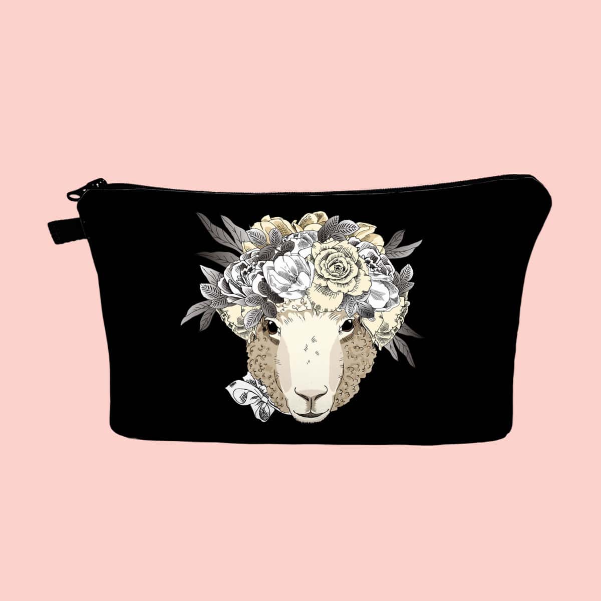 

Sheep Pattern Zipper Makeup Bag, Black