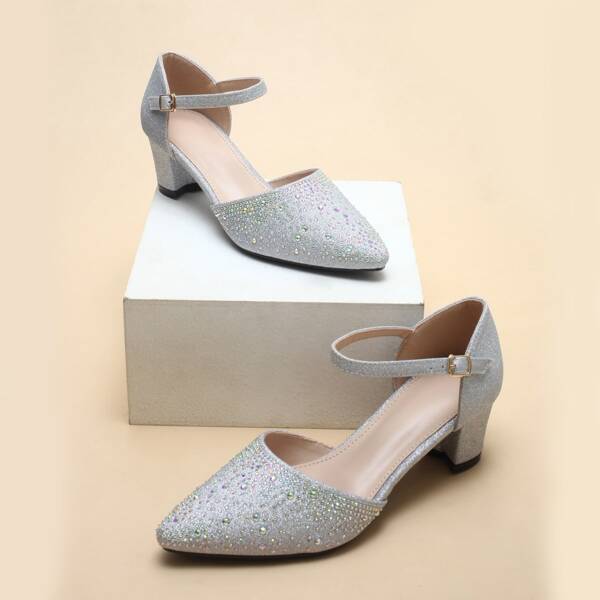 

Rhinestone Decor Ankle Strap Pumps, Silver