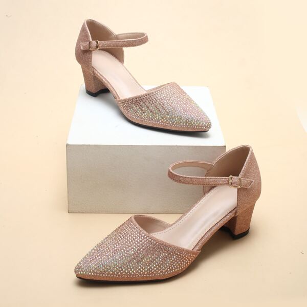 

Rhinestone Decor Ankle Strap Pumps, Champagne