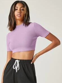 SHEIN BASICS 小高領羅紋針織短版上衣 - 紫色 - 查看 3