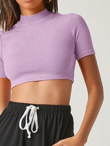 SHEIN BASICS 小高領羅紋針織短版上衣 - 紫色 - 查看 4