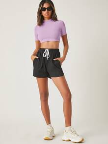 SHEIN BASICS 小高領羅紋針織短版上衣 - 紫色 - 查看 5