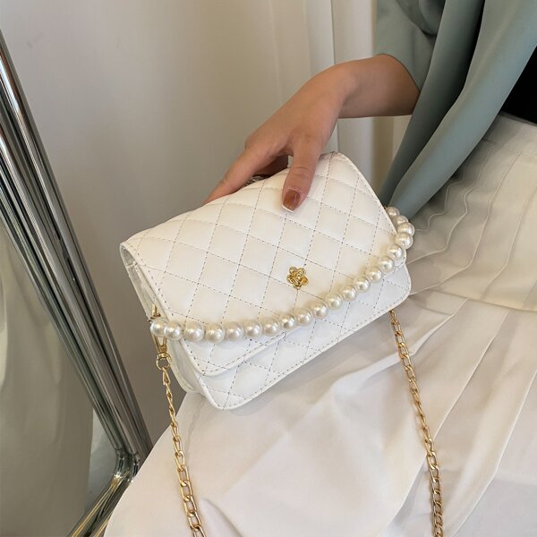 

Quilted Faux Pearl Beaded Chain Bag, White