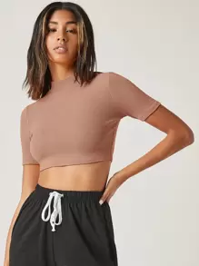 SHEIN BASICS 小高領羅紋針織短版上衣 - 棕色 - 查看 1