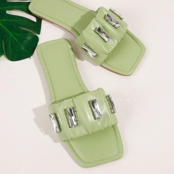 

Rhinestone Decor Ruched Slide Sandals, Mint green