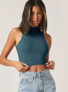 SHEIN BASICS Top corto tank unicolor de cuello alto - Azul - Ver 3