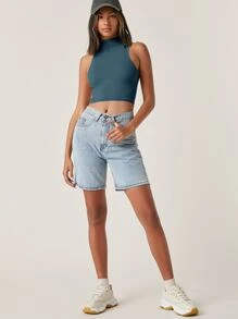 SHEIN BASICS Top corto tank unicolor de cuello alto - Azul - Ver 5