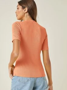SHEIN BASICS Camiseta tejida de canalé unicolor de cuello alto - Marrón - Ver 2