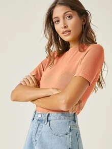 SHEIN BASICS Camiseta tejida de canalé unicolor de cuello alto - Marrón - Ver 4