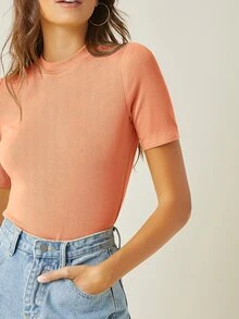 SHEIN BASICS Camiseta tejida de canalé unicolor de cuello alto - Marrón - Ver 5