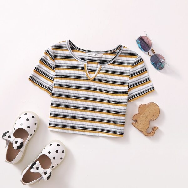 

Girls Notch Neck Striped Rib-knit Tee, Yellow