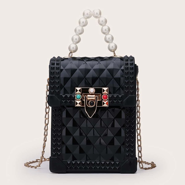 

Faux Pearl Beaded Flap Chain Bag, Black