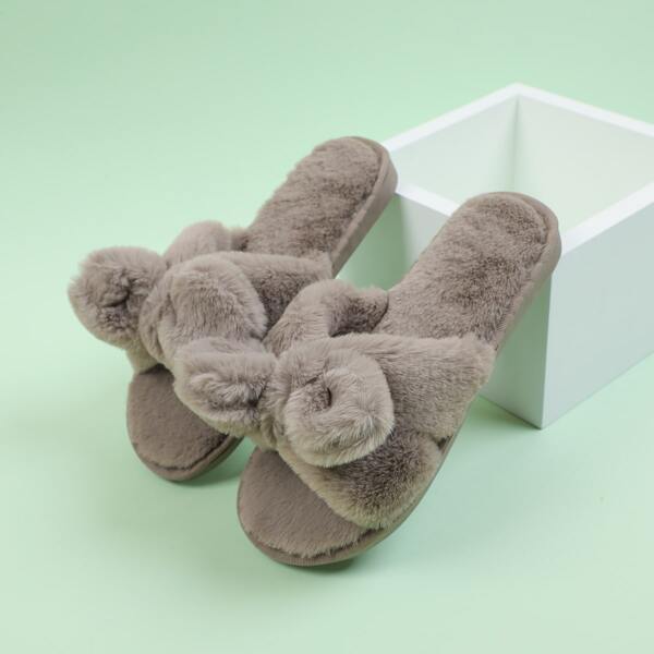 

Bow Decor Fluffy Bedroom Slippers, Brown