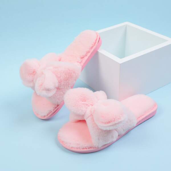 

Bow Decor Fluffy Bedroom Slippers, Baby pink