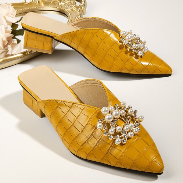 

Rhinestone & Faux Pearl Decor Mule Heels, Yellow