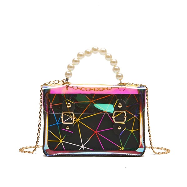 

Holographic Faux Pearl Beaded Geometric Graphic Chain Bag, Black